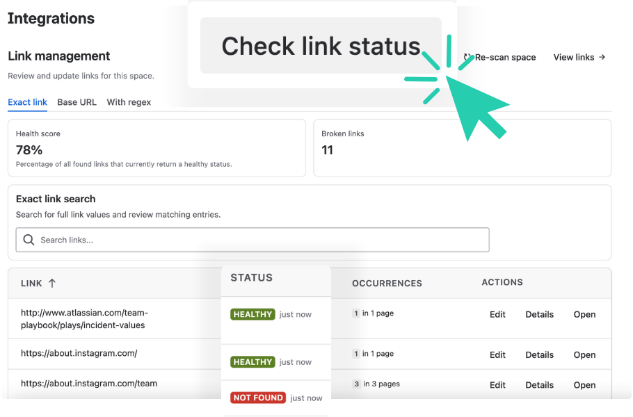Link Management broken link detection dashboard in Confluence space settings